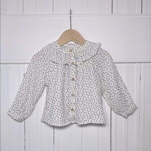 ZARA VGUC Neutral Sad Beige Heart Print Button Down Ruffle Collar Blouse